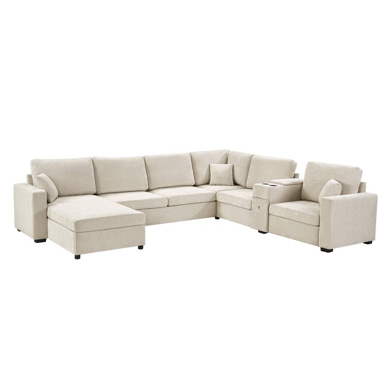 Modern 5-Seat Modular U-Shaped Sectional Sofa with Chaise, Storage Drawer, Built-In Cup Holders and Throw Pillows