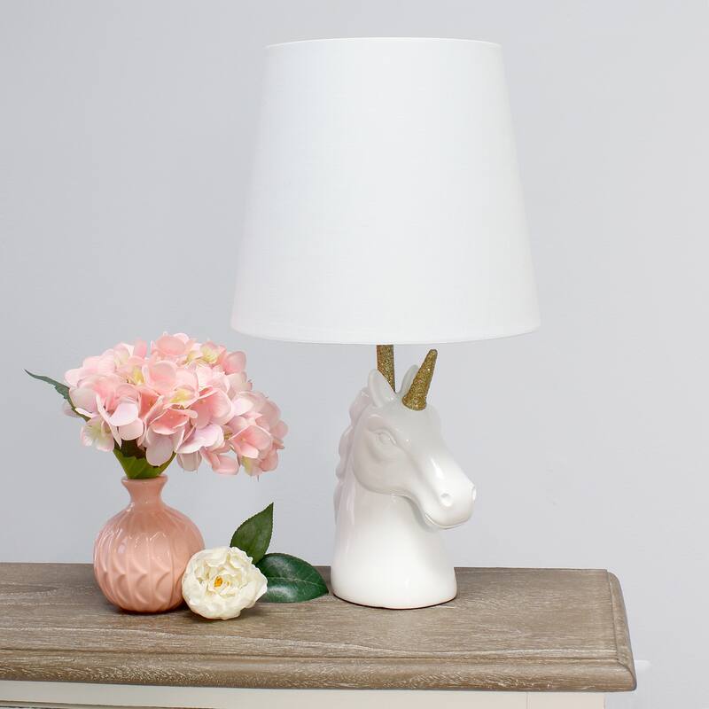 Simple Designs 15.5" Sparkling Glitter Unicorn Table Lamp, White with Blue Glitter, With LED Bulb