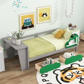 Twin Size Daybed with Desk, Green Leaf Shape Drawers and Shelves
