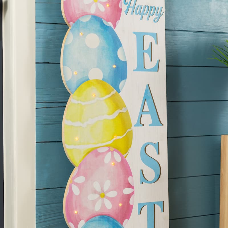 Glitzhome 42"H Lighted Wooden Stacked Eggs Happy Easter Porch Sign with Timer