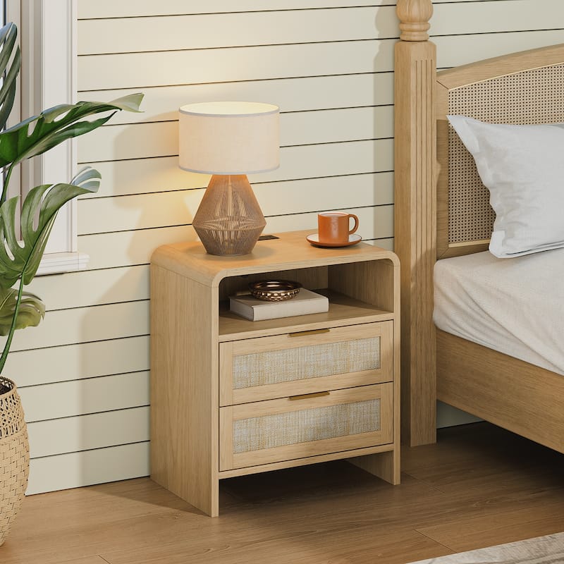 Rattan Nightstand with Charging Station, 2 Drawers & Open Shelf, 22.8" Wide Curved Wooden Bedside Table