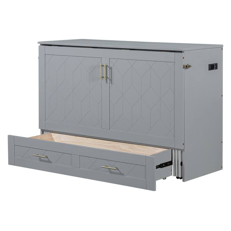 Full Size Murphy Bed with Pulley Structure Design, Drawer and USB Ports for Bedroom