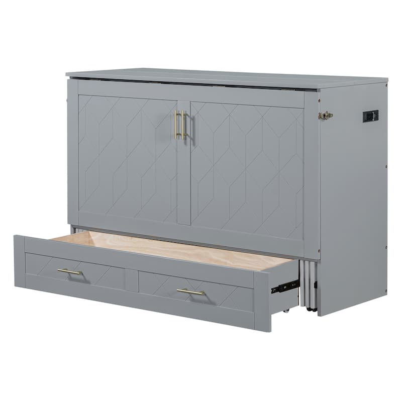 Queen Size Murphy Bed with Pulley System, Storage Drawer, USB Ports, and Sockets, Space-Saving