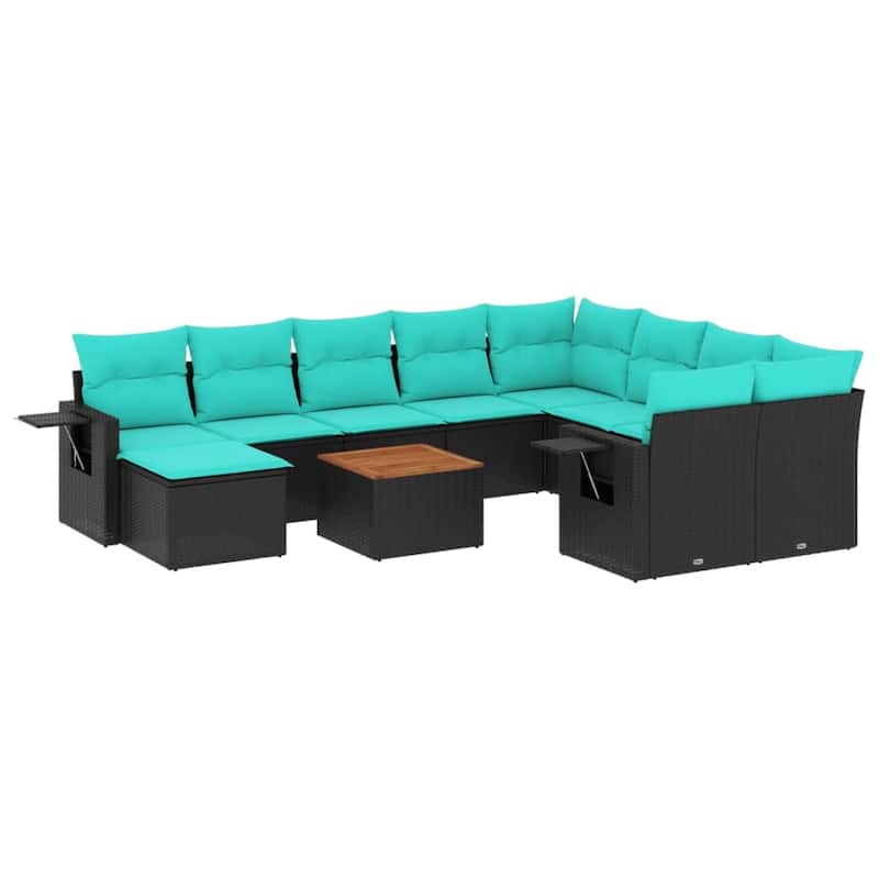 vidaXL 11 Piece Patio Sofa Set with Cushions Black Poly Rattan - 24.4" x 24.4" x 27.2"