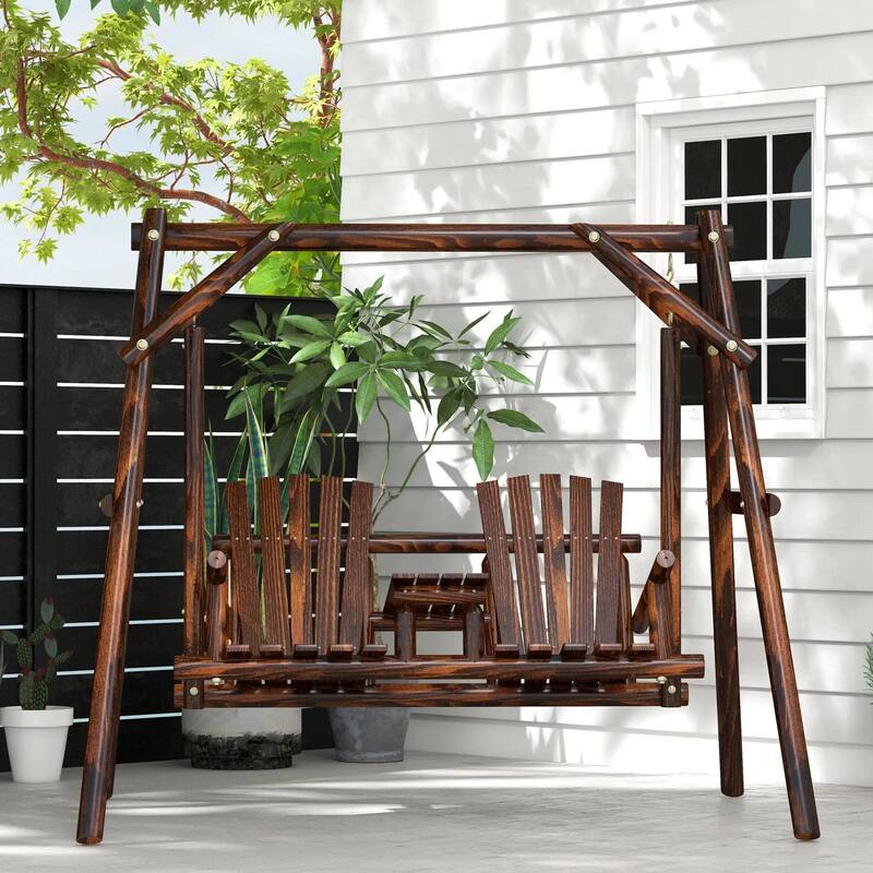 Wooden Porch Swing with Stand, 2-Seat Patio Swing Chair with Table