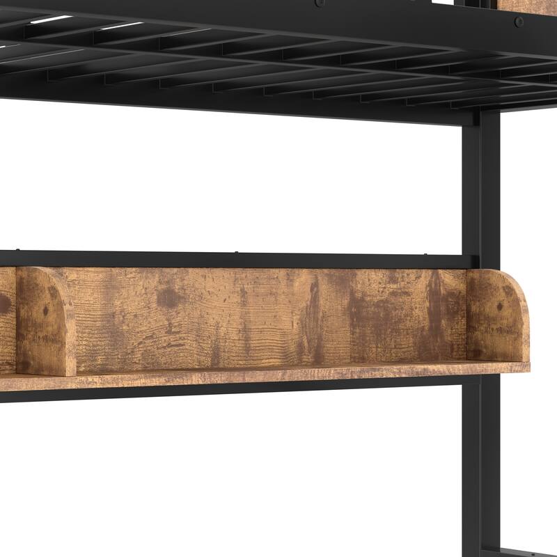 Woodgrain Accents Black Metal Bunk Bed Frame with Built-in Storage Shelves and LED Light Strip for Guest Rooms, Dorms