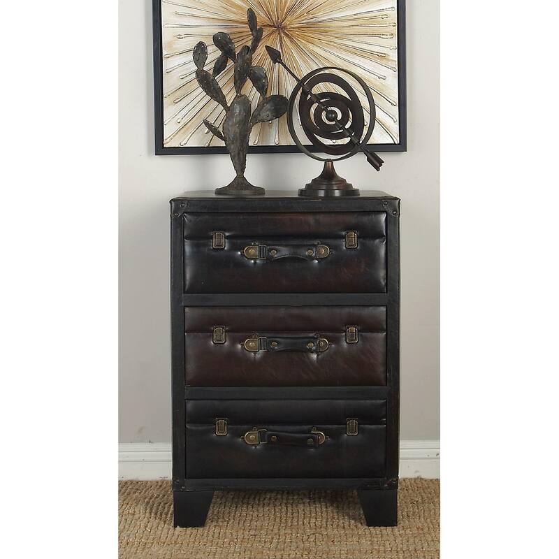 Dark Brown Faux Leather Vintage Faux Leather Cabinet with Buckles and Straps Detailing - Dark Brown