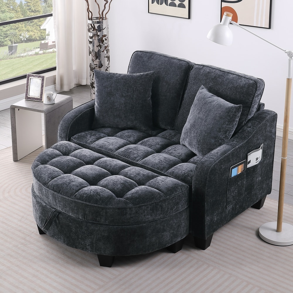 Two-Seater Chaise Longue Sofa with Storage Footrest, Irregular Armrests & Throw Pillows for Living Room & Bedroom