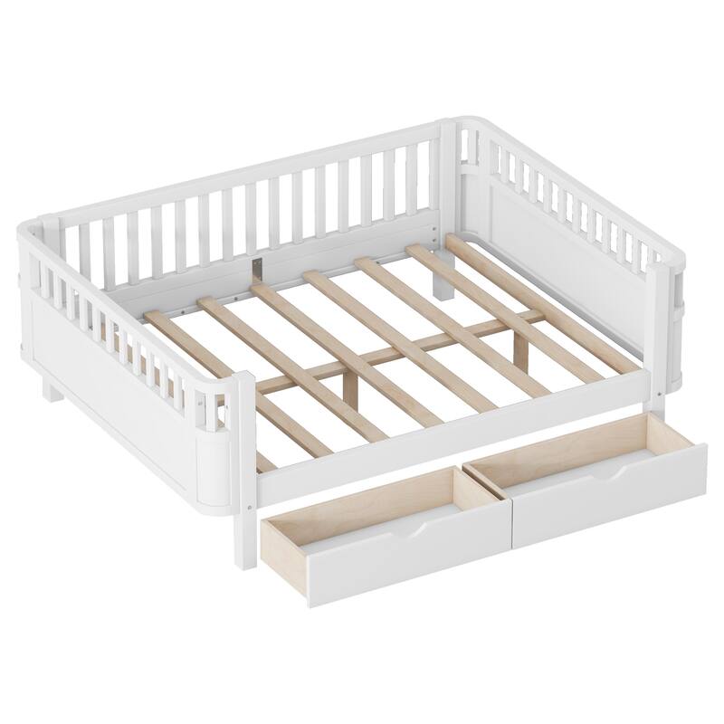 Wooden Kids Bed with 2 Storage Drawers, Guardrails and Removable Side Rail, Rounded Corners Frame Montessori Bed, Toddler Bed