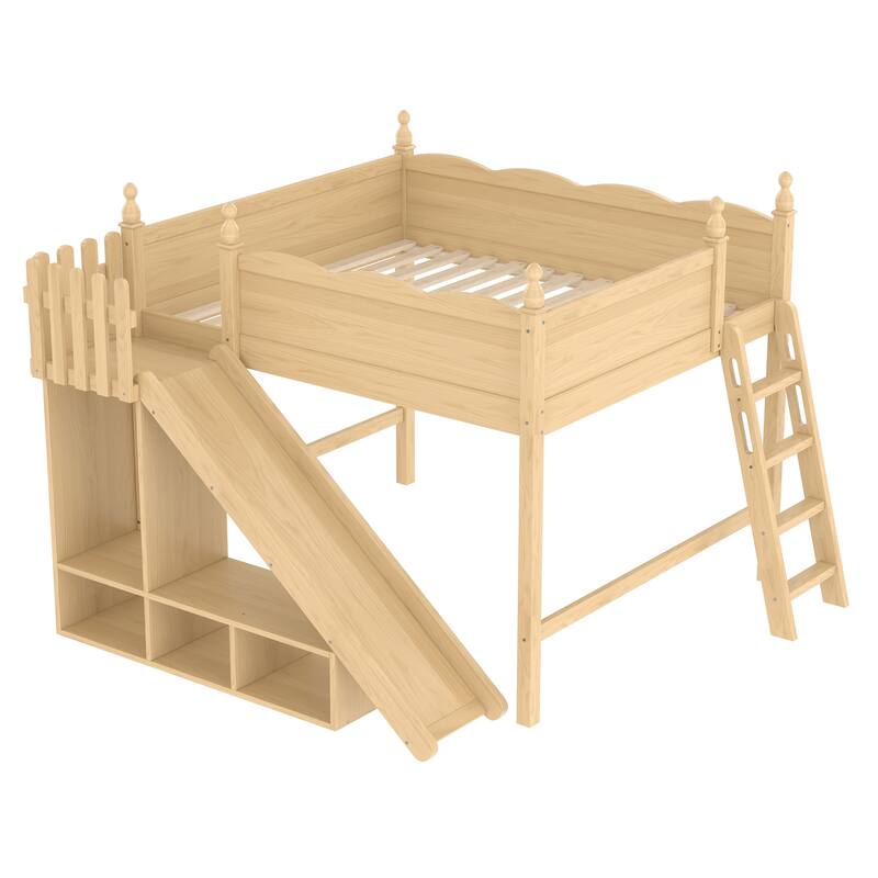 Fun Play Loft Bed for Kids with Open Shelves and Wardrobe, Solid Wood Storage Bed Frame with with Detachable Slide and Ladder