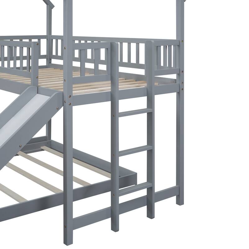 Kids Twin Over Full Bunk Bed with Slide, House Roof Design, and Built-in Ladder