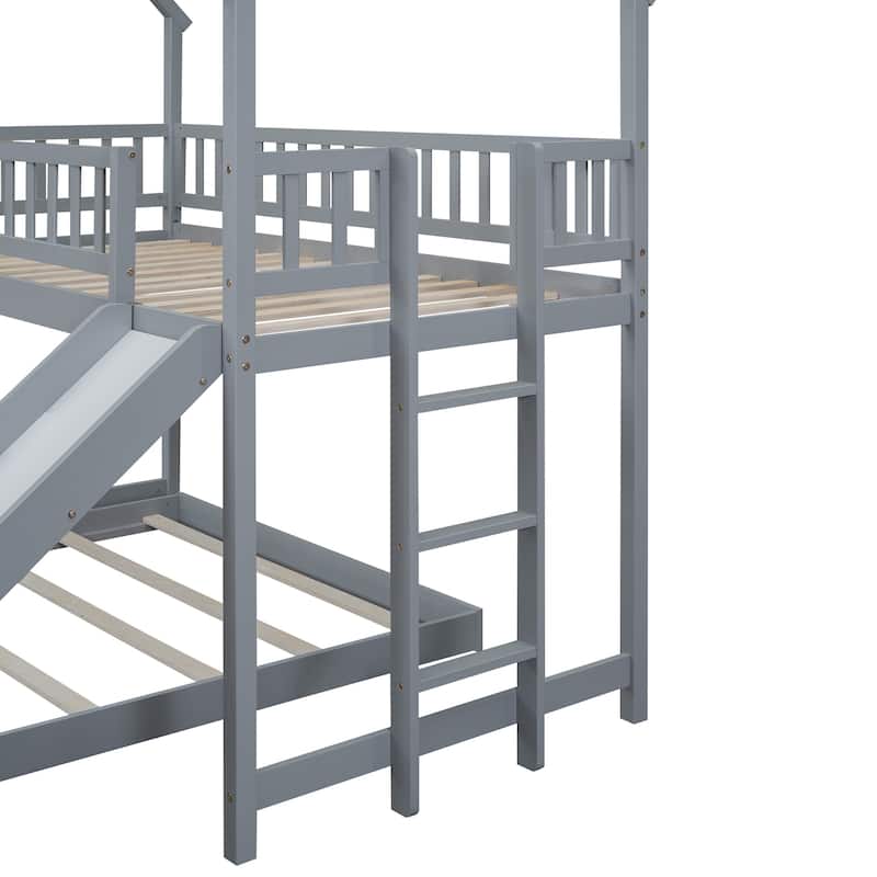 Roomfitters Twin over Full House Bunk Bed with Slide, Built-in Ladder and Full-Length Safety Rail