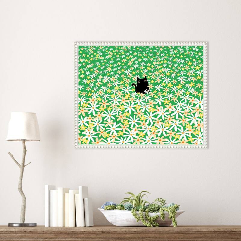 Black Cat in Flower Field by Gabriela Avila Framed Canvas Wall Art Print