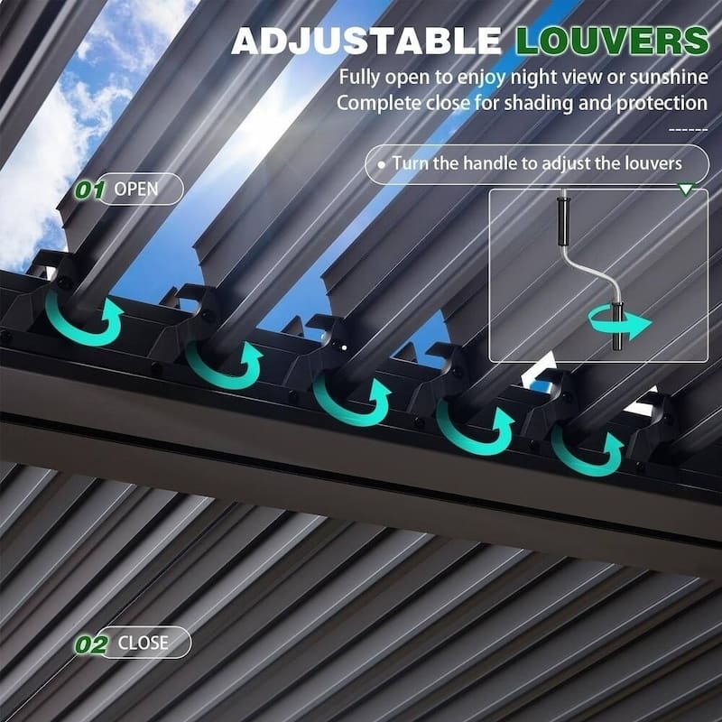 Outdoor Louvered Pergola, Outdoor Patio Hardtop Gazebo, Adjustable Metal Roof Curtains and Netting Included
