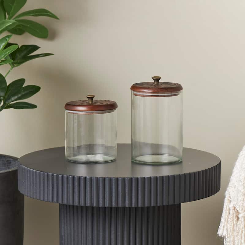 Glass Floral Carved Decorative Jars with Brown Wooden Lids and Gold Knobs - Set of 2 Clear - Roche River Decor - 5"W x 5"L x 9"H
