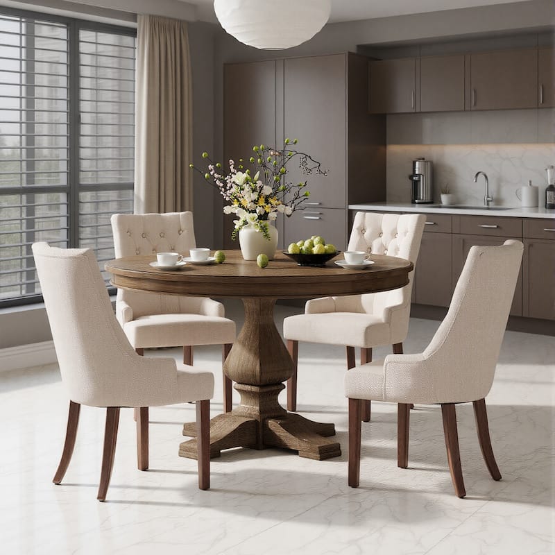 Wingback Upholstered Dining Chairs, Fabric Side with Tufted Button - Set of 4 - Beige