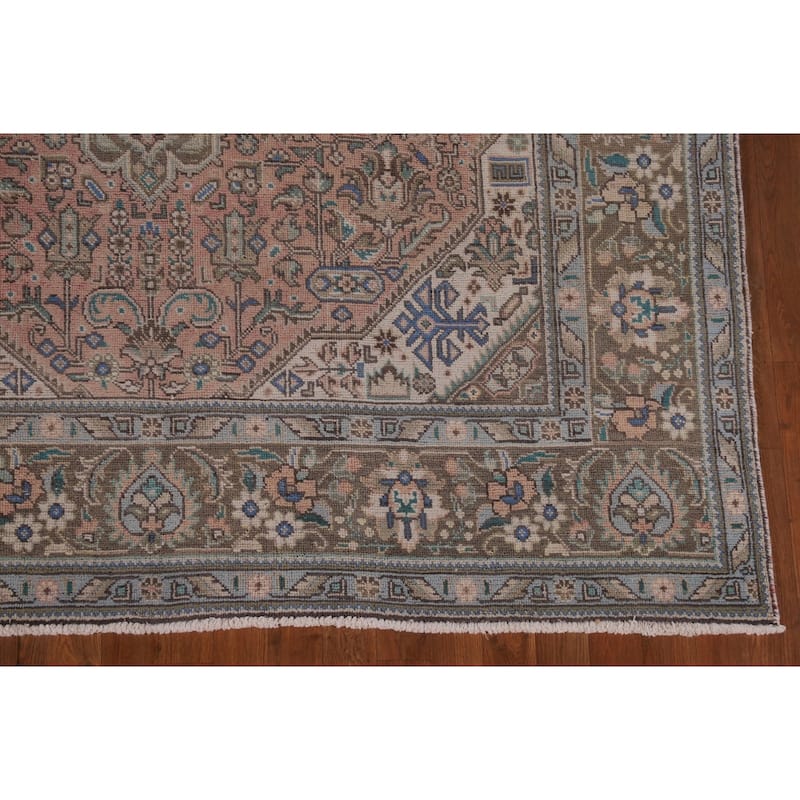 Pink Geometric Tabriz Persian Vintage Rug Hand-Knotted Wool Carpet - 6'5" x 9'9"