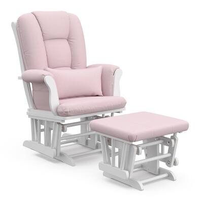 uscany Glider and Ottoman with Lumbar Pillow, White Finish with Pink Blush Cushions