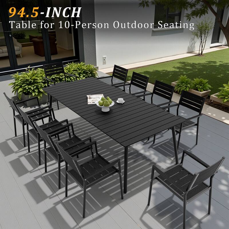 94.5in Outdoor Patio Rectangle Aluminum Wood-Like Dining Table with Umbrella Hole