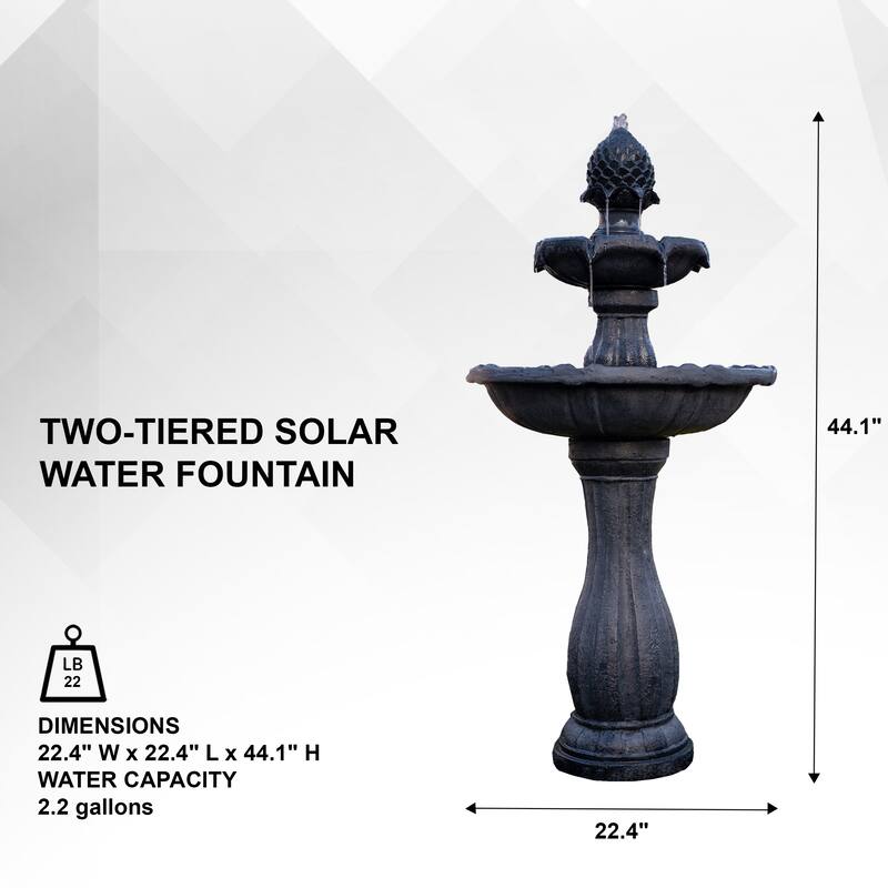 44" H Fiberglass/Resin 2-Tier Solar Water Fountain w/ Solar Panel and Auto-Shut Off Pump, Two Tiered Birdbath Fountain