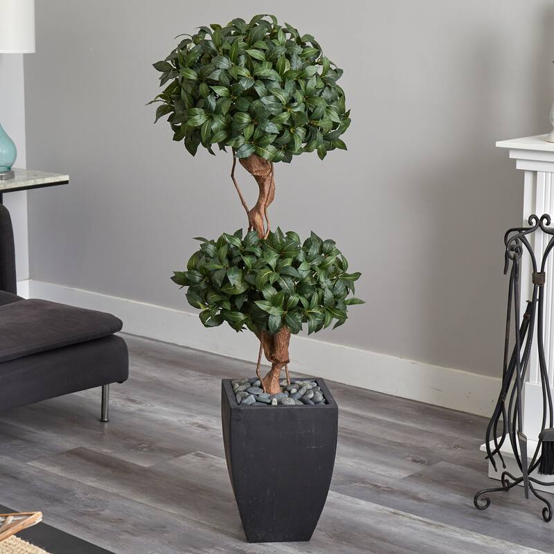 Artificial Topiary Tree 4.5Ft Indoor Outdoor Double Bay Tree in Planter - Green - 51-60 Inches