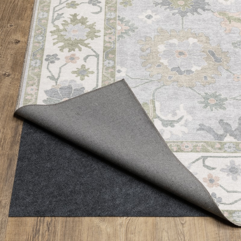 Ainsley Floral Traditional Blue/ Green Printed Washable Flat Pile Area Rug