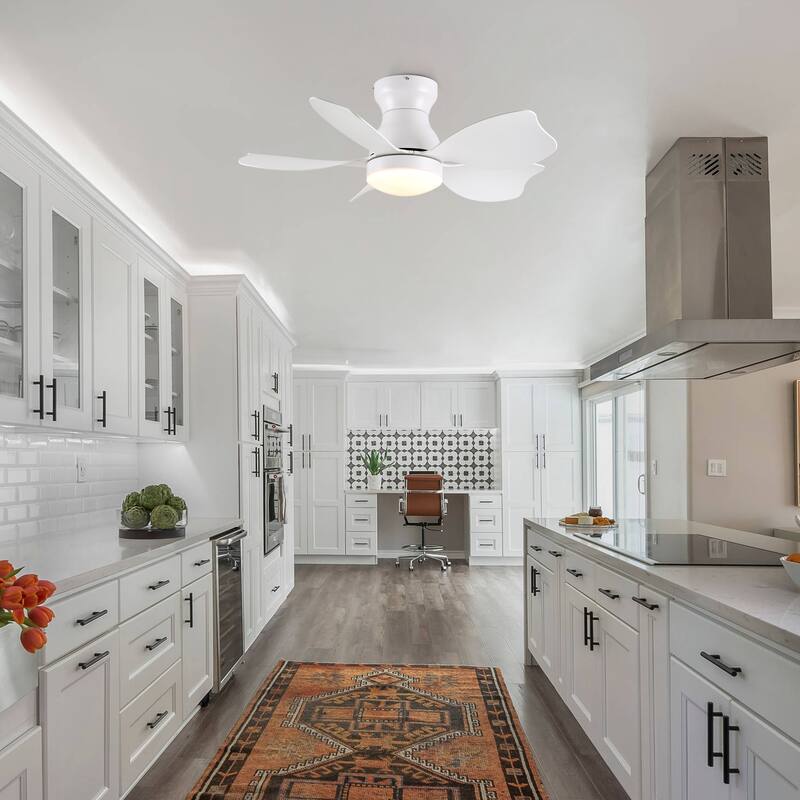 YUHAO 30 Inch Modern Matte White Indoor Flush Mount Small Ceiling Fan With LED Light and Remote Control