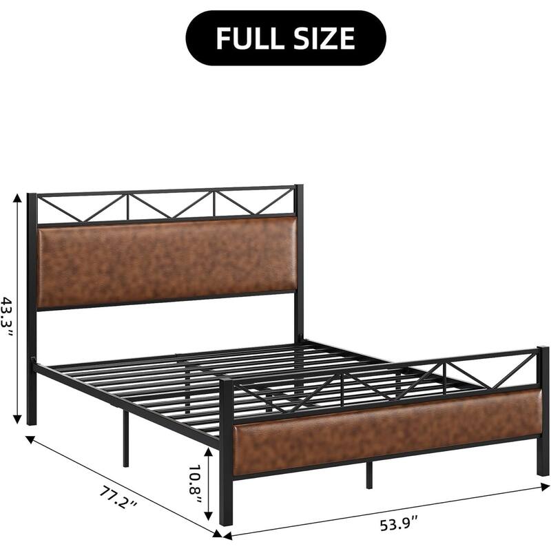 Metal Platform Bed Frame with PU Leather Headboard & Footboard