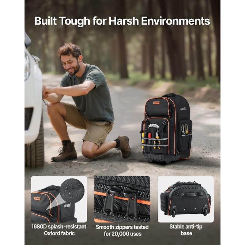 Heavy Duty Rolling Tool Bag with 72 Pockets for Easy Organization - 17.7 x 10.82 x 22 in