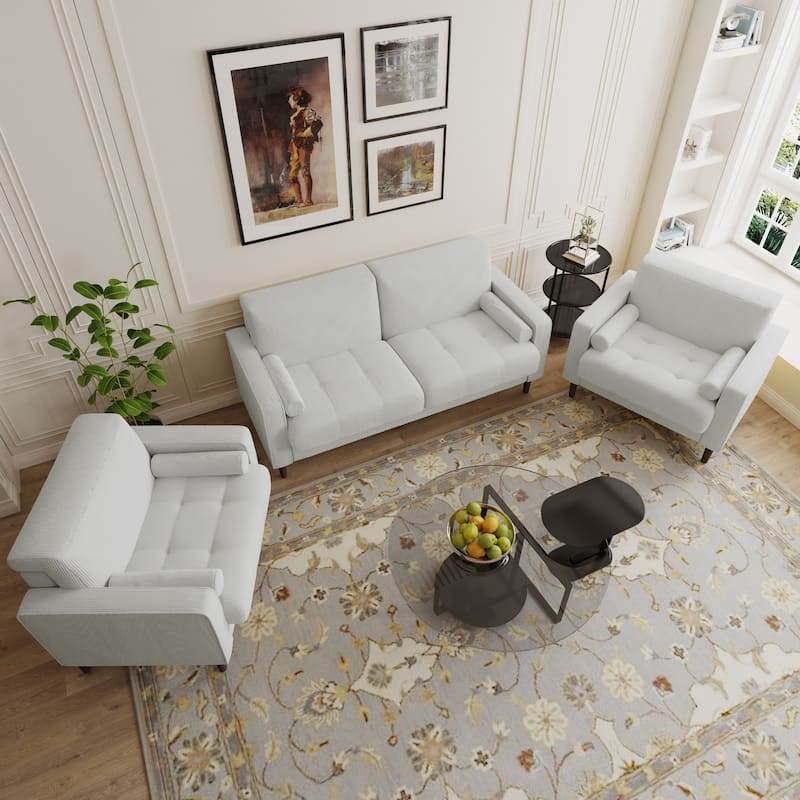 3-Piece Corduroy Tufted Club Armchair and Loveseat Set for Living Room