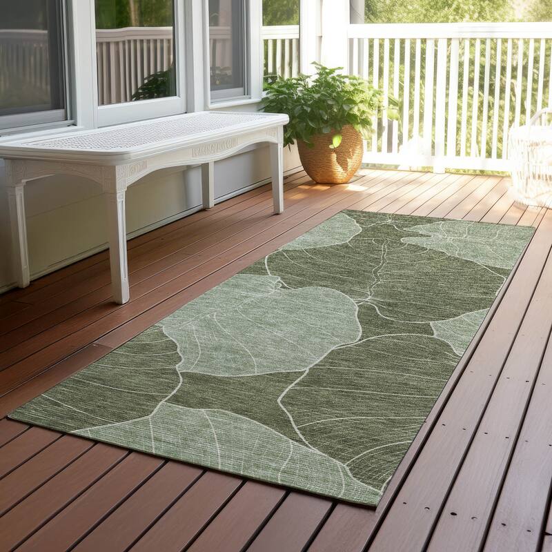 Machine Washable Indoor/ Outdoor Tropical Floral Chantille Rug - Olive - 2'3" x 7'6"