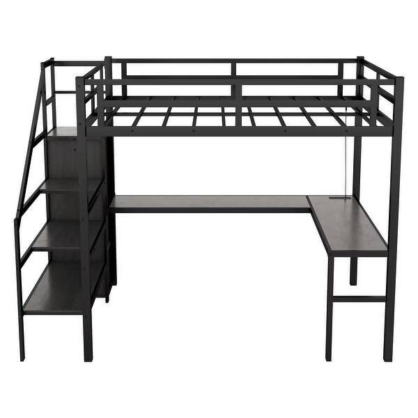 Full Size Loft Bed with L-shaped Desk and USB - Black