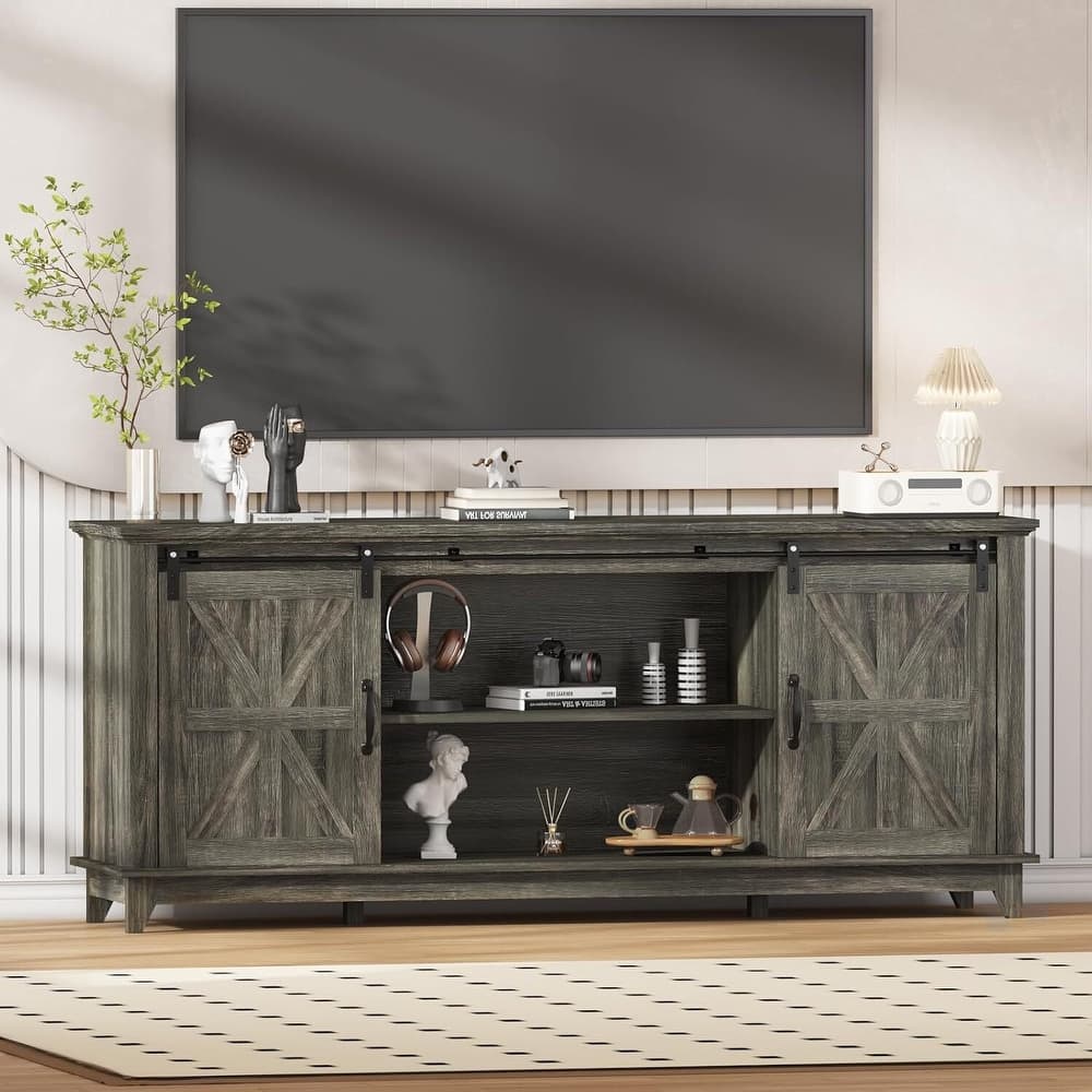66" Farmhouse TV Stand, Entertainment Center with Adjustable Shelf - N/A