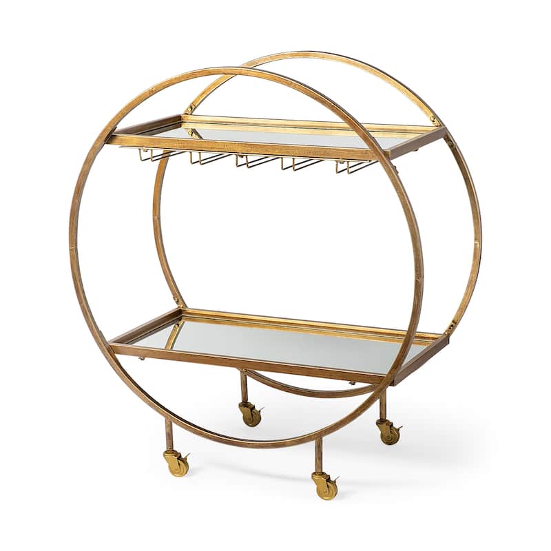 Carola Gold Iron Frame w/ Two-Tier Mirrored Shelves & Stemware Holder Bar Cart - 36.25L x 18.0W x 40.25H - Gold