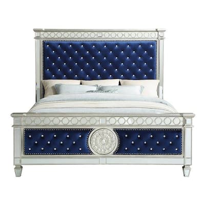 Queen Bed with Button Tufting and Mirror Trim, Black