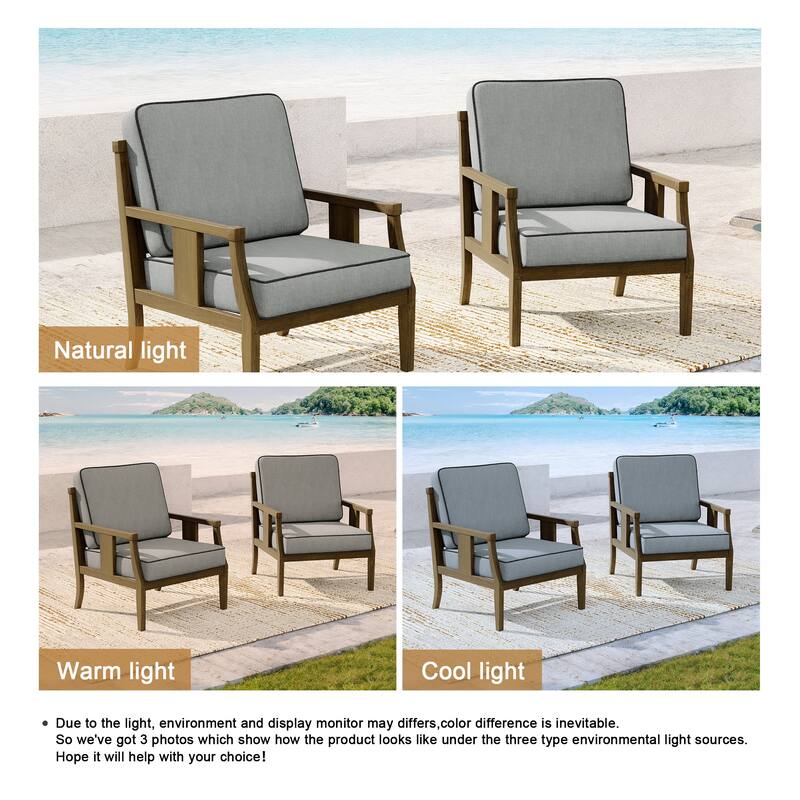 2 Set Brown Wood Outdoor Accent Club Chairs with Water-Resistant Cushions