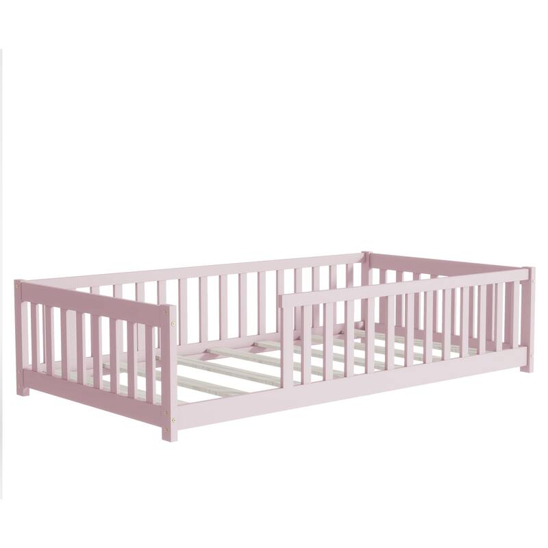 Twin Size Floor Bed with Fence without Door, Rubber Wood Floor Bed with Safety Guardrails