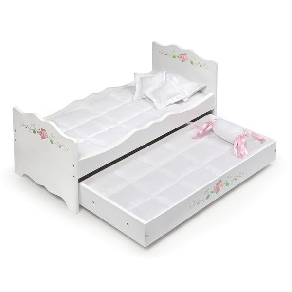 slide 2 of 8, Badger Basket Doll Bed with Trundle and Bedding - White Rose - 22.5" x 11.25" x 11.25"