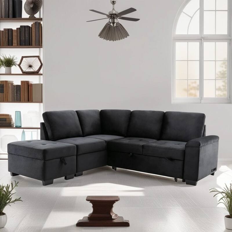 LShape Sleeper Sectional Sofa,With Storage Ottoman,USB Charge,4 Seat