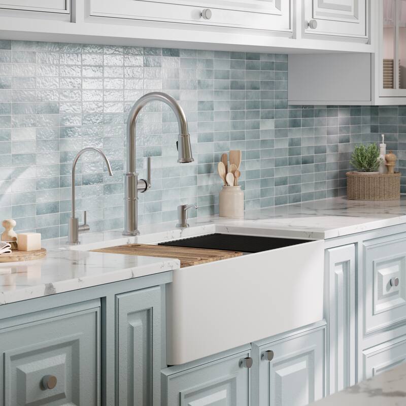 Karran 30" Single Bowl Workstation Fireclay Kitchen Sink with Reversible Fluted Apron Front