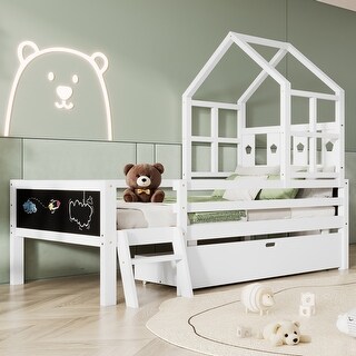 Wood Twin Size Platfrom Bed with Ladder, Storage Drawers and Blackboard