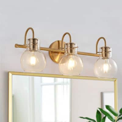 Modern Gold 3-Light Vanity Light with Clear Glass Shades for Bathroom