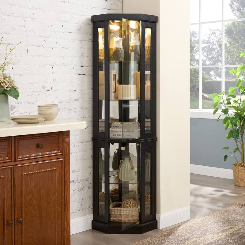 Lighted Corner Curio Cabinet - Display Case, Antique Collectibles, Glass Storage - Elegant Corner Design with Lights Included