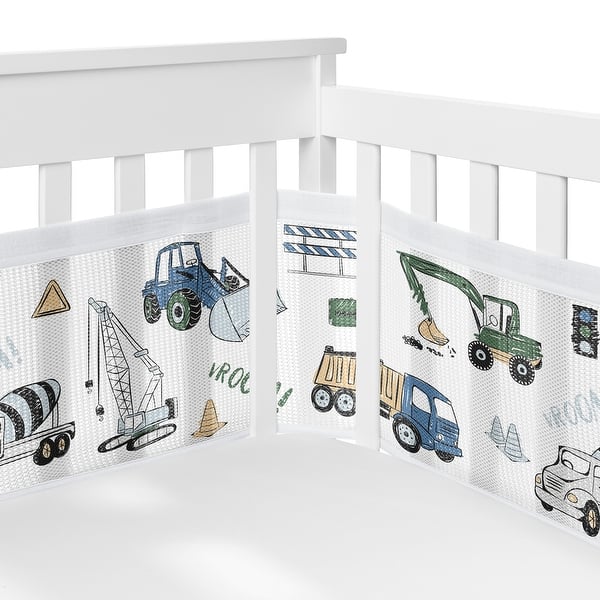 slide 2 of 6, Green Blue Construction Truck Boy Sweet Jojo Designs + BreathableBaby Breathable Mesh Crib Liner Tire Tracks