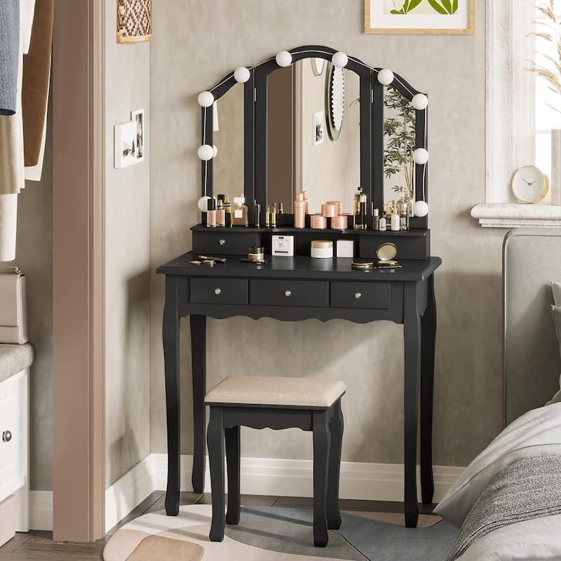 Vanity Desk Set Makeup Vanity Lighted Tri-fold Mirror and Stool