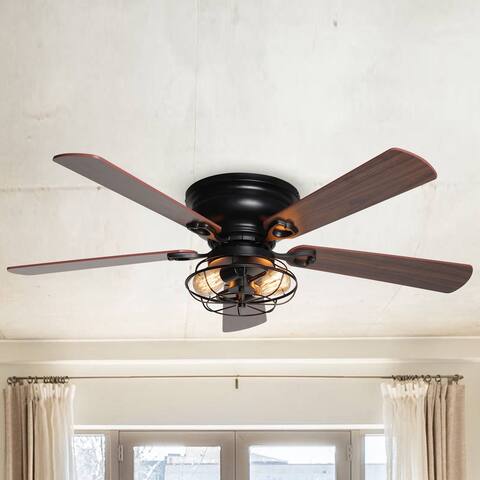 Farmhouse 48-in Wood 5-Blade Low Profile Flush Mount Ceiling Fan with Remote - 48 Inches