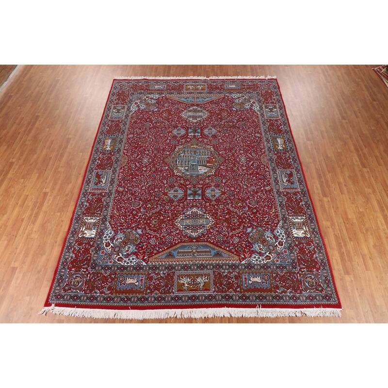 Pictorial Red Floral Kashan Turkish Area Rug Machine-Made Carpet - 9'8" x 12'11"