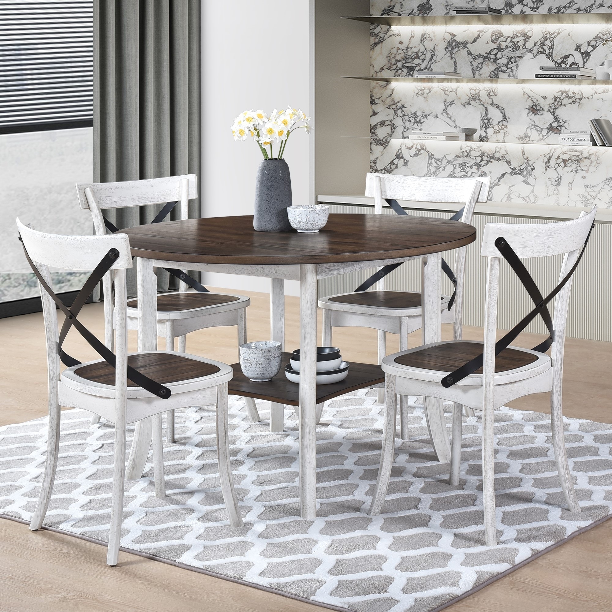 Round Dining Furniture Set 1Table with 4 Chair for Dining Room and Living Room