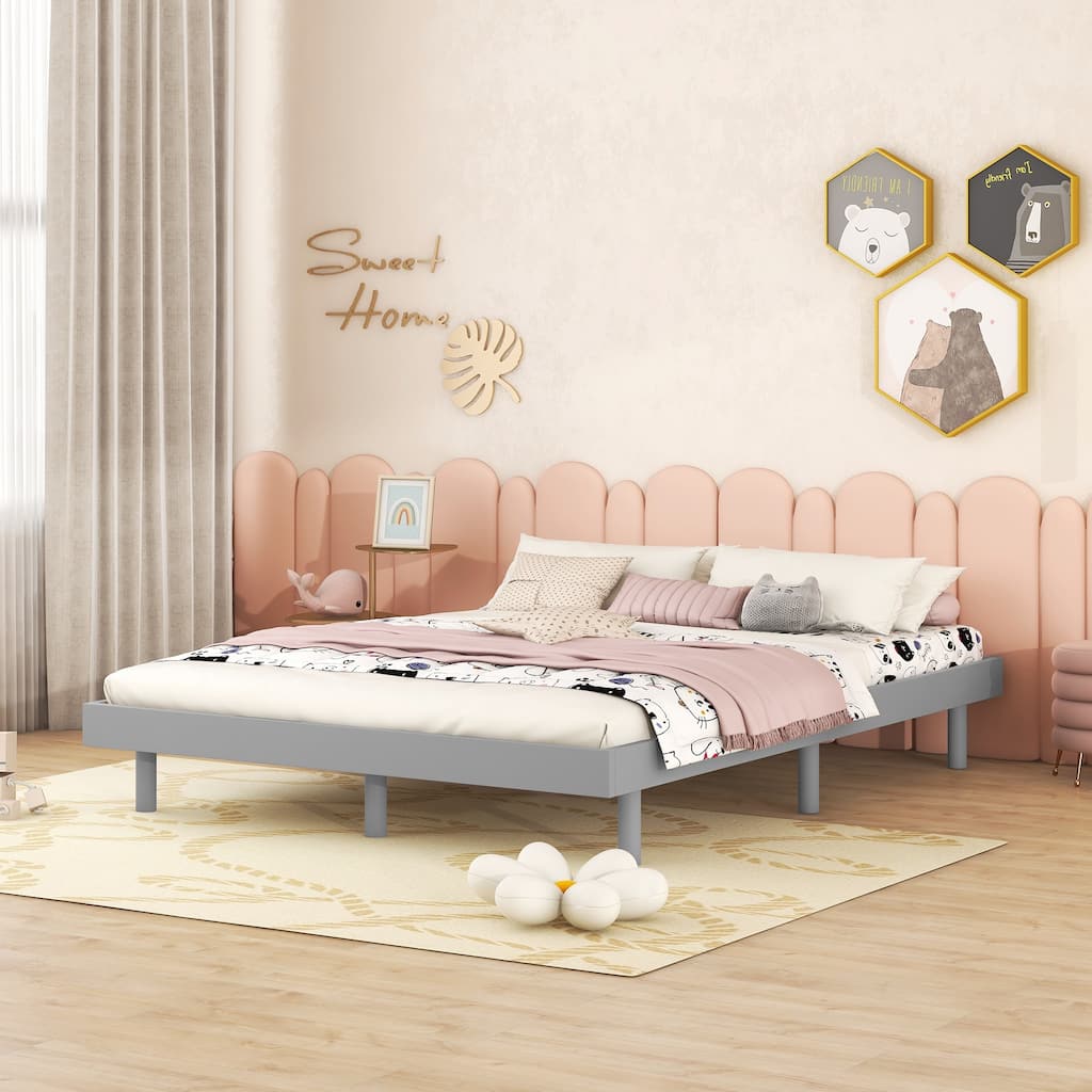 Modern Floating Platform Bed Frame with Slats, Grey - No Box Spring Needed