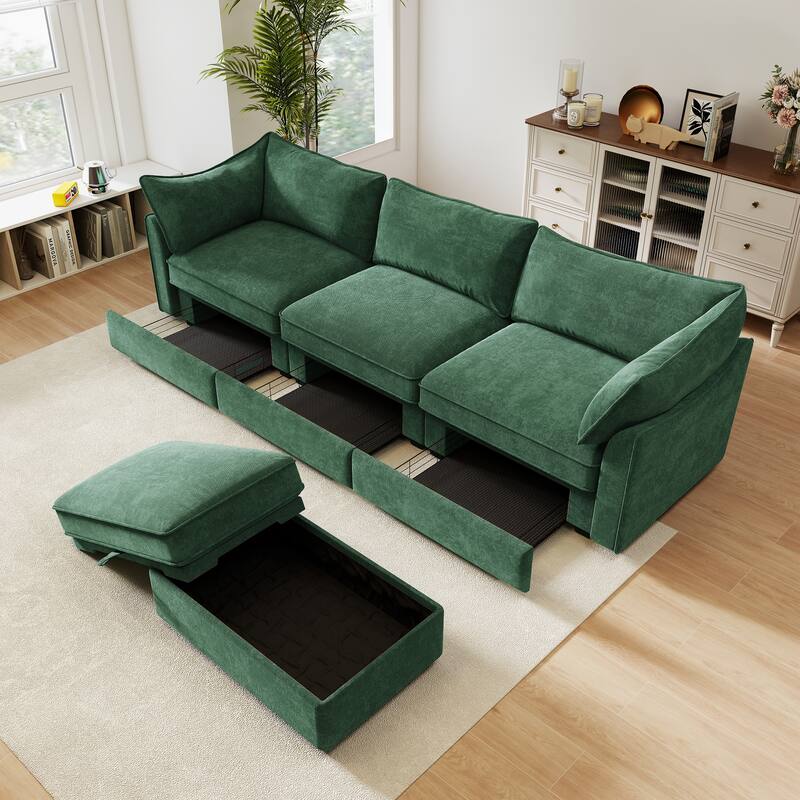 GDFStudio - Chenille L-Shaped 3-Seater 112.6" Sectional Sofa with Ottoman - Green